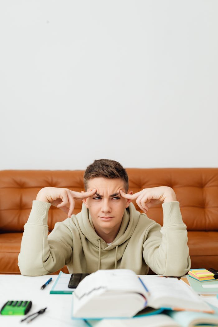 A teenager sits at home studying with a confused expression, surrounded by textbooks.